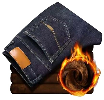 Mens Fleece Lined Jeans Denim Thermal Trousers for Men UK Cold Weather Thick Work Fleece-Lined Pants with Pockets Male Teddy Straight Leg Jeans for Activities