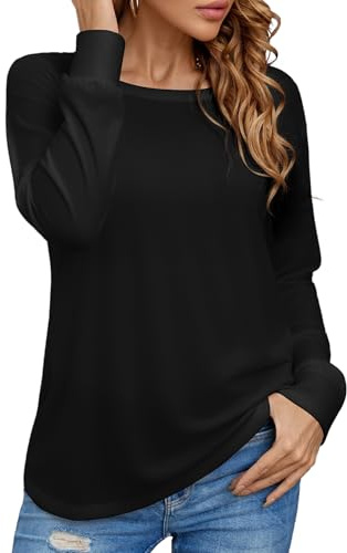 Totatuit Blouse Femme Manches Longues Col Rond Haut Chic Décontracté Coton Stretch Élégant Tendance Automne Hiver Noir，XL
