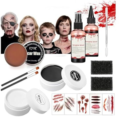 JOYTIX®SFX Makeup Set Narbenwachs Kunstblut Gel Schwarz Weiß Gesichtsfarbe Palette | Horror Halloween Makeup für Gruselige Wunden Zombie Skelett Looks | Kostümparty Zubehör Erwachsene Kinder(B-Set)