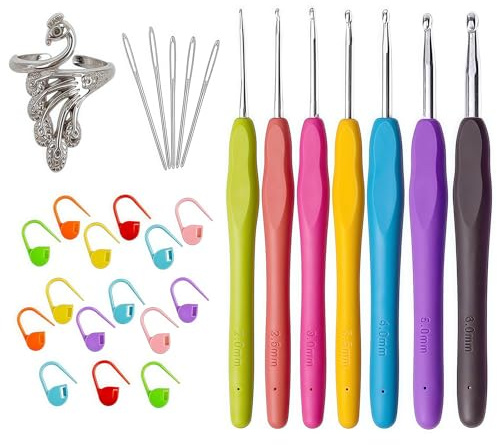 VYNZOR Lot de 7 Crochets à Tricoter Ergonomiques avec Poignée TPR, 15 Marqueurs et Aiguilles – Set Crochet Léger Multicolore 2–6 mm pour Débutants et Amateurs de DIY