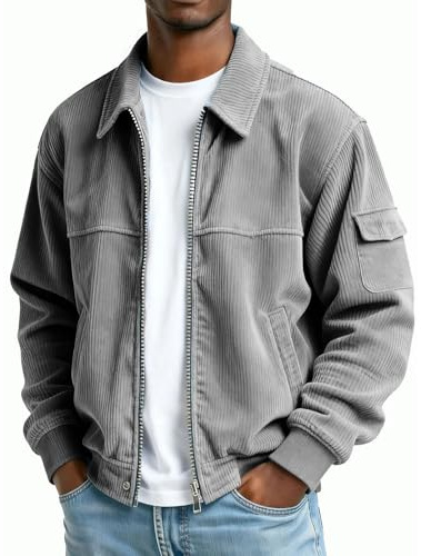 Plain Casual Corduroy Jacket for Men:Fashion Zip up Collared Bomber Jackets Lightweight Hiking Outdoor Outfits(Gray,Large)