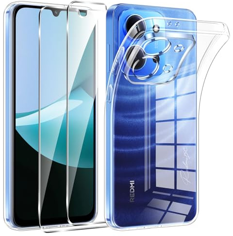Phoona Funda para Xiaomi Redmi 15C 4G/5G/Poco C85 Carcasa con 2 Piezas Cristal Templado,Transparente Silicona TPU Protección Funda para Redmi 15C Anti-Choques y Anti-Arañazos Caso