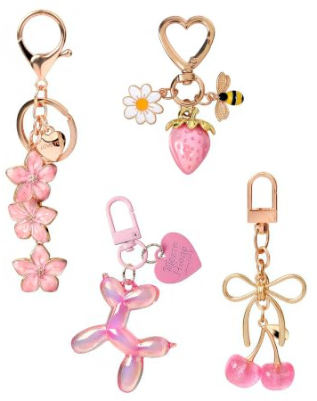 Tastetreasure 4 Pcs Bag Charms for Handbags, Cute Pink Keychain Charms for Women, Flower Cherry Strawberry Bow Purse Accessories, Decorative Handbag Charm Set for Tote Bag, Backpack and Keys