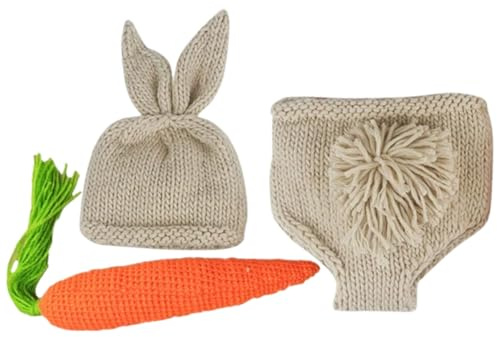 Warmhm Conjunto de Ropa de Ñiño Recién Nacido para Sesión de Fotos Gorro y Pantalón de Lana Suave y Transpirable, Incluye Accesorio de Zanahoria Tejido para Fotos Delicadas