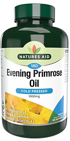 Natures Aid Huile d'Onagre 1000Mg en Gélules Souples - Source Naturelle d'Acides Gras Essentiels Omega 6 de Haute Puissance Pressés à Froid: Acide Gamma Linolénique (AGL) - 180 Jours en Capsules