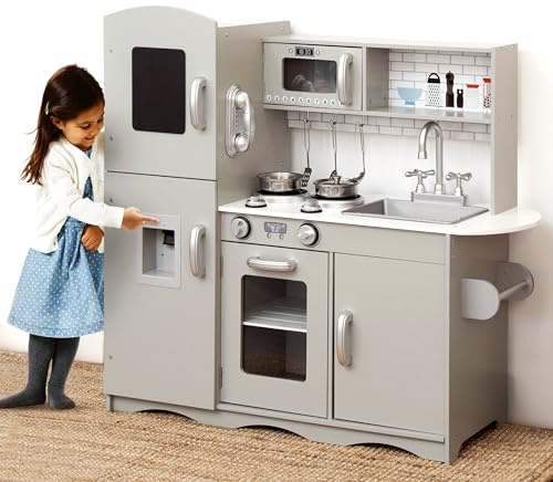 KIDOZ Signature Kids Wooden Play Kitchen Boys Girls Pretend Toy with Sounds and Light Cooking Role Play Large Size 91.5x85.5x30cm - New Grey (with Utensil Toys)