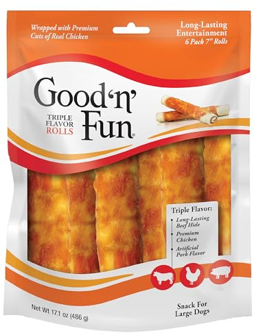 Good ‘n’ Fun Triple Flavor Rolls for Large Dogs, Treat Your Dog to Long-Lasting Chews Made with Real Beef Hide and Chicken, 6 Count