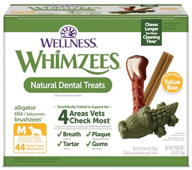 Wellness WHIMZEES Value Pack Dog Dental Treat, Chews, Freshens Breath, Medium Size, 46.6 oz Box, 44 Count