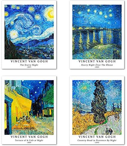 Stampe da Parete Paesaggio Senza Cornice, Set di 4 Poster, Carta artistici di alta qualità Taglia: 20x25 cm, Starry Night Elegante Estetiche Artistico Famoso Dipinto per Bagno Vincent Van Gogh Prints