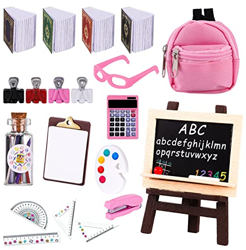 Xinzistar 16pcs Doll School Supplies 1:12 Scale Doll Accessories Mini Dollhouse Accessories Include 11 Kind of Miniature School Supplies For Girls Gift