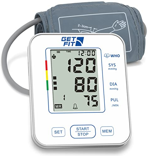 Get Fit Blood Pressure Monitor CE Approved UK for Home Use - Medical Upper Arm Blood Pressure Machine - Heart Rate Monitor - Hypertension Detector - Adjustable 22-42cm Large Adult Cuff - LCD Display
