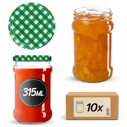 KADAX Små glasburkar 315 ml, fi66, glas för honung, syltburkar med lock, lufttäta burkar, konserveringsglas, runda glas, syltburkar, honungsburkar (10 stycken, grön rutig)