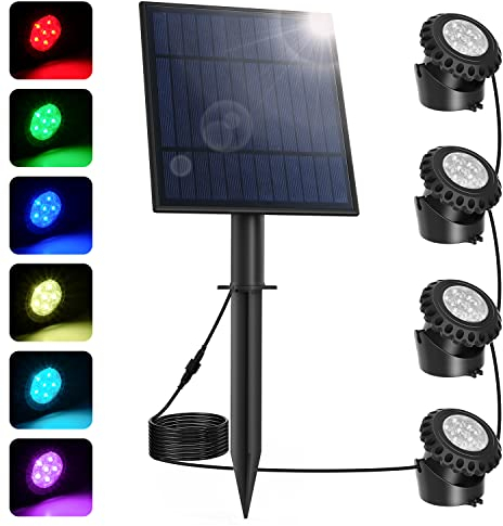 NATPOW luci per piscina subacquea led solari, 2 mode luce piscina solare RGB, 5.5V cambio di colore luci piscina fuori terra, IP68 impermeabile lampada per laghetto, acquario, giardino (4 in 1)