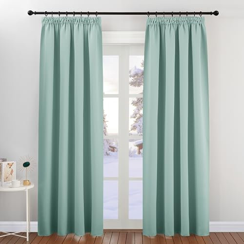 PONY DANCE Schlafzimmer Gardinen und Vorhänge mit Kräuselband Blickdicht Thermovorhang gegen Kälte Verdunklungsvorhänge für Schienensystem, 2er Set H 220 x B 140 cm, Sommergrün