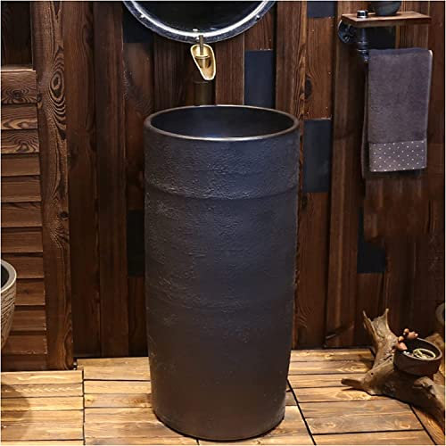 Vanity Unit with Basin,Bathroom Basin Sink with Full Pedestal, Pedestal Sink Handcrafted Ceramic wash Basin Pedestal washbasin, Kaolin Clay Pedestal Sink Round Freestanding Sink (C