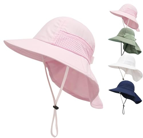 YANWANG Chapeau de Soleil Garçons Filles Eté Protection UPF 50+ Casquette à Large Bord Rabat de Cou Chapeau de Joueur de Plage (L:6-12 Ans,Rose)