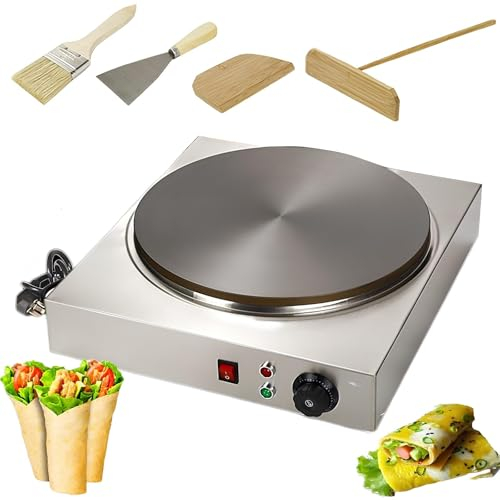 GUUFUFA Máquina para Hacer panqueques y Crepes de 2500 W Placa de cocción eléctrica Antiadherente con Control de Temperatura Ajustable Potencia y Luces Listas Esparcidor de Madera y espátula