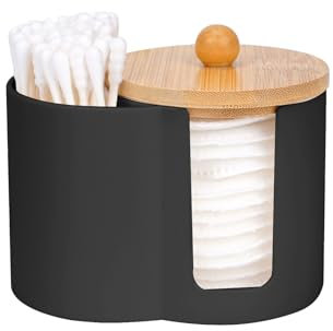 Adorila Wattepad- und Tupfer Halter, kleiner Kunststoff-Wattestäbchen-Spender mit Deckel, Badezimmer-Zubehör, Aufbewahrungs-Organizer für Wattestäbchen, Wattepads, Zahnseide-Picker (schwarz)