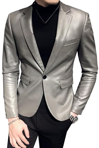 Qolkmuiy-GJ Blazer classique en cuir pour homme - Coupe ajustée - Pour homme - Pour homme, gris, Taille 3XL