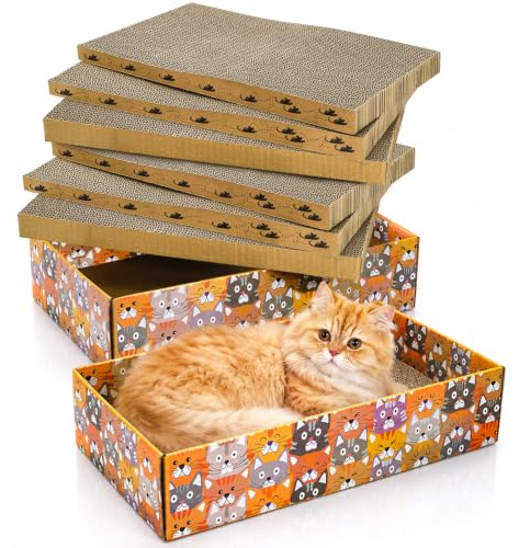 Pumtus Set of 2 Cat Scratching Boxes, 17x10 in 6 Pcs Corrugated Cardboard Pad with 2 Boxes, Large Cute Reversible Kitty Sofa Bed, Refillable Wave Shaped Lounge, Interactive Kitten Toy for Indoor Cat