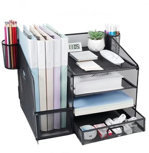 Tonsmile Office Desk Organiser, Mesh Desktop Stationary Organiser with 2 Pen Holders and Drawer, Desk Tidy Storage For Books, Documents, A4 Files, Magazine, Letter, Papers, Pens, Pencils