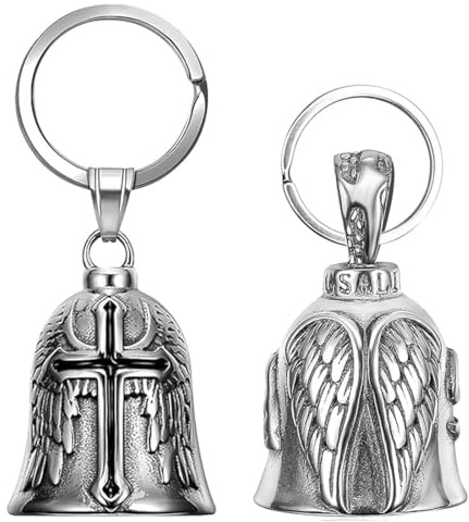 MKEAWWU 2 Piezas Llavero Moto Campana Guardiana, Anillo Colgante, Cruz, Alas De Ángel, Motocicletas, Vehículos Eléctricos, Bicicletas, Coches, Amuleto De Protección Y Buena Suerte
