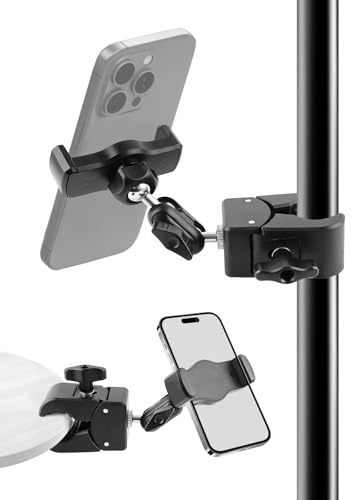 BILIONE Mic Stand Phone Holder, Pole Mount Clamp Phone Holder 360° Rotation for Microphone Guitar Drums Music Photography Light Stand, Compatible with 4 to 7 Smartphones