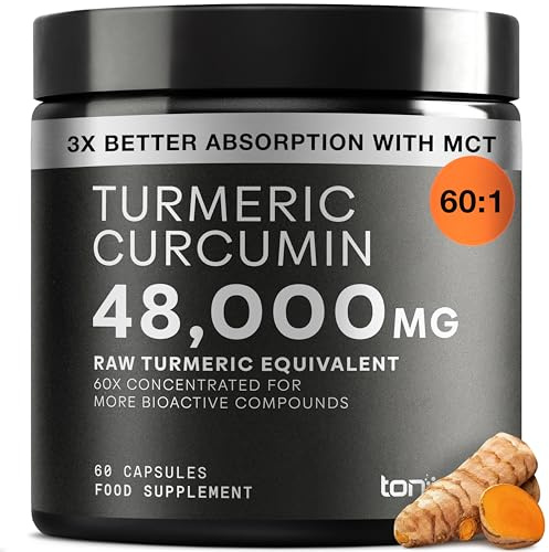 Turmeric Curcumin - 48000mg from a 60:1 Extract with 95% Curcuminoids - 800mg Per Serving - Black Pepper & MCT Oil for Enhanced Absorption - Third-Party Lab Tested - 60 Capsules