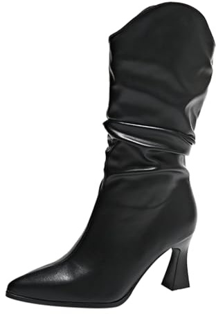 Stivali occidentali da donna in pelle, da donna, in pelle, con tacco arricciato, stile cowboy, eleganti ed eleganti, Nero , 37 EU