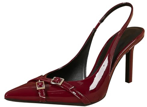 Escarpins Femme Vernis Bordeaux À Bride Arrière, Talon Aiguille 9.5cm À Double Boucles Croisées - pour Bureau & Soirée,Burgundy,37 EU