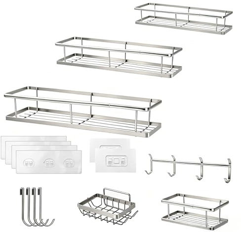 Shower Caddy 6Pack Bathroom Organizer and Storage Rack Set No-Drilling Rustproof Adhesive Stainless Steel Shower Shelves | Holds Soap Toothbrush Shampoo Spices | for Bathroom & Kitchen Wall (Silvery)