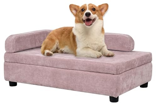 DGBAOBEI Pet Sofa with Hidden Storage for Puppy and Cat,Linen Fabric Dog Sofa,Cat Couch with Wooden Frame (Pink)