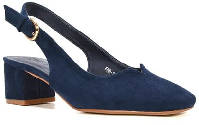 ESSEX GLAM Women's Slingback Court Shoes Ladies Square Toe Low Mid Block Heel Evening Classic Pumps Size 3-8 (Navy Faux Suede, UK Footwear Size System, Adult, Women, Numeric, Medium, 6)