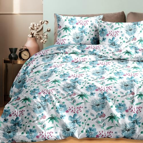 Ruggeri Set Lenzuola Letto Matrimoniale 4 Pezzi, 100% Cotone di Alta Qualità, Certificato Oeko-Tex, Lenzuolo con Angoli 170x195 cm, Lenzuolo Piatto 240x280 cm e 2 Federe 50x80 cm (Fiori Azzurri)