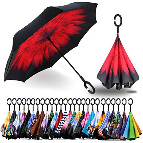 Spar. Saa Double Layer Inverted Umbrella with C-Shaped Handle, Anti-UV Waterproof Windproof Straight Umbrella for Car Rain Outdoor Use