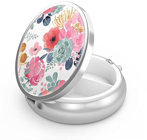 Pill Box 3 Compartment Medicine Pill Case,for Pocket or Purse Pill Box Decorative Metal Medicine Vitamin Organizer Unique Gift(Flower and Succulents)