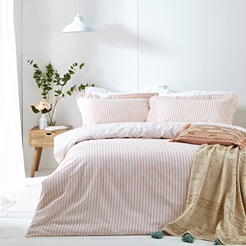 furn. Yard Hebden 100% Cotton Stripe Duvet Cover Set – Reversible Striped Bedding (Blush, Double)
