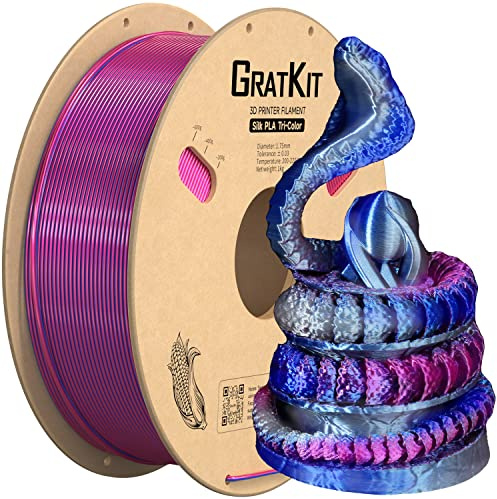 Gratkit Silk Tri-Color PLA Filament，3D Printer Filament 1.75mm, -0.03mm, 1KG/Roll, Silk PLA Rose Red & Blue & Silver Gray