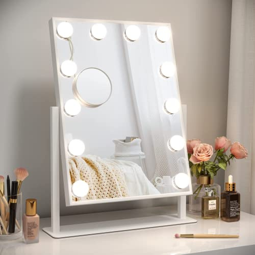 Dripex Espejo Maquillaje con Luz Mesa, 48l x 36an cm, 360 Grados Giratorio, Dimmable, 12 Bombillas LED, 3 Colores de Luz, con Espejo de Aumento 5X, Superficie del Espejo 30l x 41an cm
