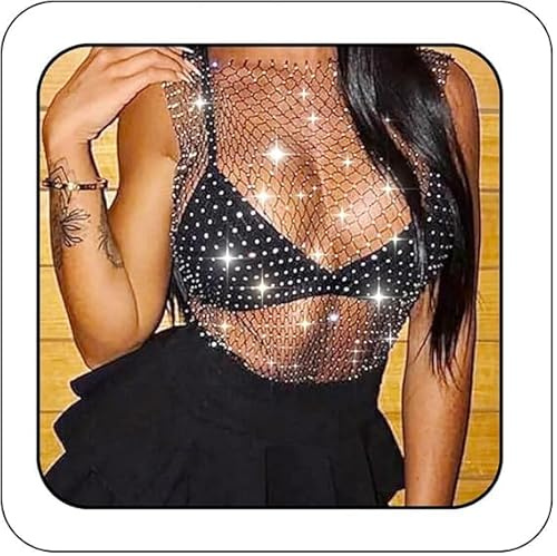 Ushiny Maglia di cristallo Top Festival vestito strass a rete scavare canotta Brillante Accessori per il corpo per le donne e le ragazze, Nero , M