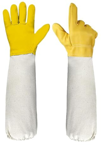 ETOFIXEE Imkerhandschuhe, Imkerhandschuhe Aus Ziegenleder, Imkerhandschuhe Für Damen Und Herren, Schutzimkerei Zubehör Ausrüstung Mit Belüfteten Segeltuch ärmeln Für Den Imker (Gelb)