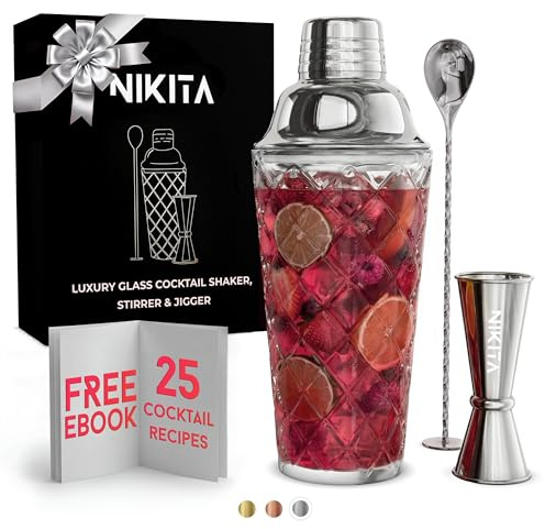Glass Cocktail Shaker Set - 5 Piece - Silver Martini Shaker Set with Strainer, Jigger, Spoon & Muddler - 450ml Drink Shakers Cocktail for Home Bar & Drink Trolley Décor