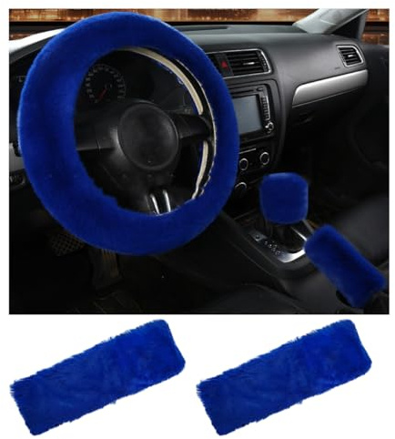 Yourkar 5 PCS Fluffy Steering Wheel Covers Set, Faux Wool Steering Wheel Cover & Handbrake Cover & Gear Shift Cover & 2 Seat Belt Shoulder Pads, Universal Car Accessories (Dark Blue)