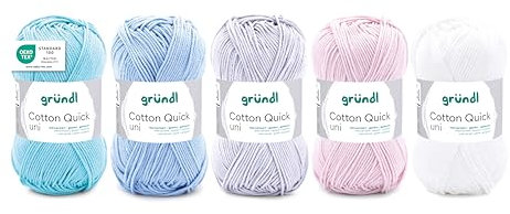 Gründl Wolle Cotton Quick uni - dünne Wolle zum Häkeln - Strickgarn - Häkelgarn - Glänzend und hautfreundlich - 100% Baumwolle - 5 Knäuel 50 g / 125 m - Nadelstärke 3-4 - Pastell-Mix