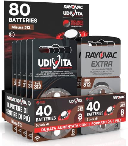 80 Pilas Tamaño 312 para Audífonos PR41 (Marrón - Zinc Air) con Tecnología Sound Fusion para Amplificador Auditivo - 80 Pilas: 40 Udivita + 40 Rayovac