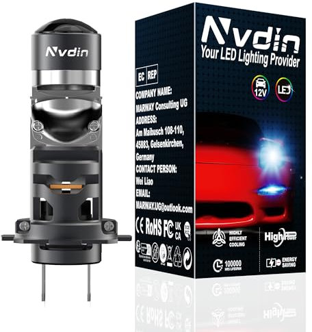 Nvdin bombilla h7 led con lente 26000lm, lámpara para faros de coche, ultracompacta de ajuste directo, 400%, 6000K