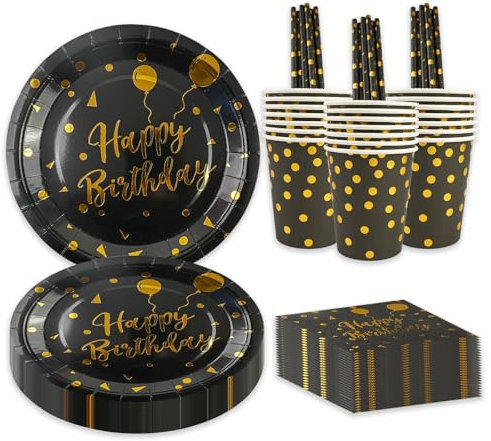 BOKFJBP Lot de 80 pièces de vaisselle de fête d'anniversaire, ballons noirs et dorés, réutilisables, en papier, serviettes, tasses, pailles pour fête prénatale, décoration de mariage, pour garçon et