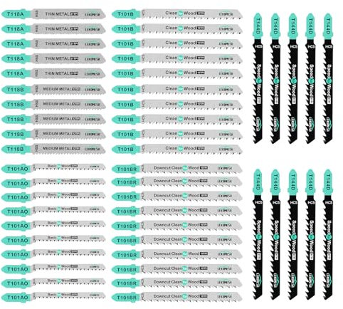 LEKOMESH Lames de Scie Sauteuse à Tige en T 50 Pièces, Fabriquées en HCS/HSS, avec Étui de Rangement pour Coupe de Bois, Plastique et Métal