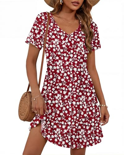 PLOKNRD Vestidos Mujer Verano V Cuello Sun Falda de Bolsillo Manga Corta con Vestido Casual Elegante Cintura Alta Flores Rojas S