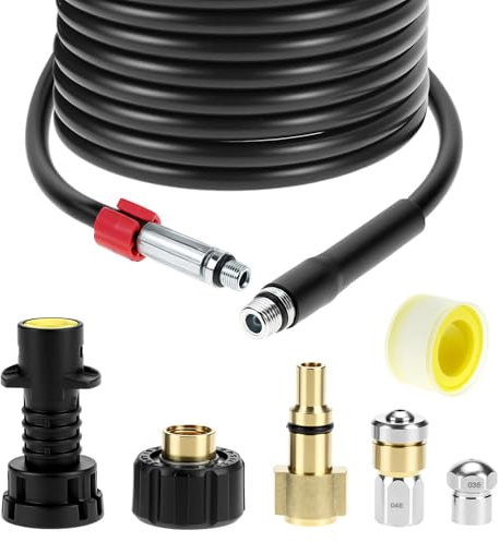 QWORK® Conjunto de manguera de limpieza de tubos (15 m, 200 bar) con boquilla fija y rotativa – Compatible con para Kärcher, Parkside, Lavor limpiadores de alta presión